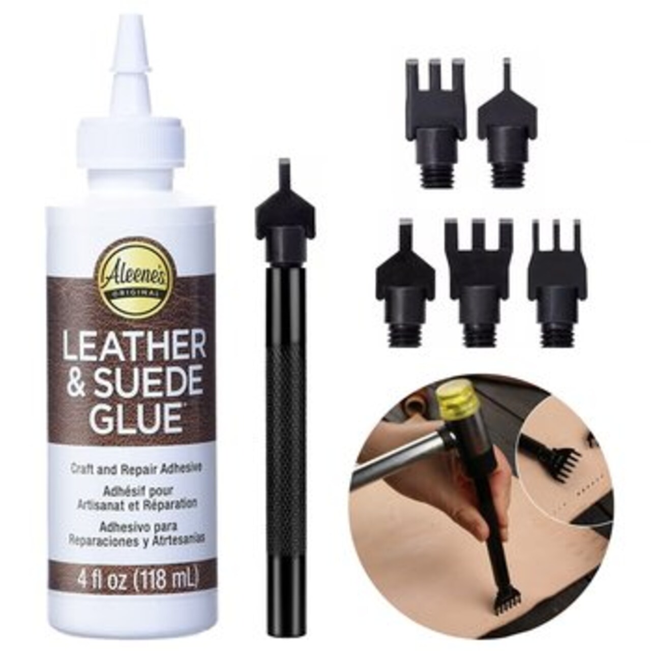 Leather Glue Adhesive - Aleenes Leather Fabric Glue for Patches,  Upholstery, Tears, Canvas, Clothing, Leather Punch Pen Tool with 6  Replacement Tips